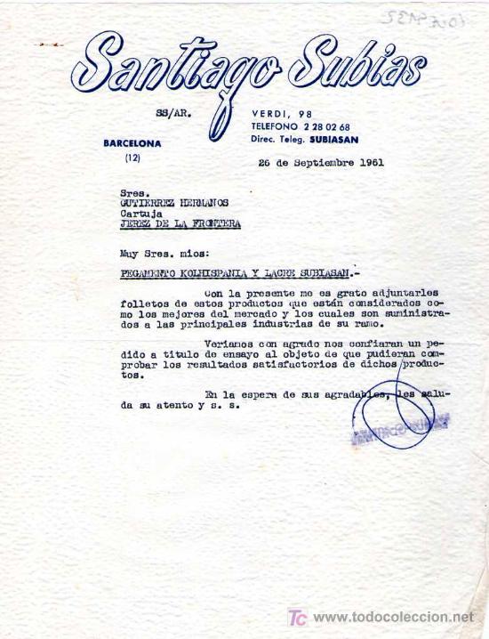 Lettres commerciales: BARCELONA. 1961. CARTA COMERCIAL DE SANTIAGO SUBIAS.