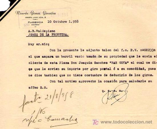 Lettres commerciales: PLASENCIA. 1958. CARTA COMERCIAL DE RICARDO GOMEZ GONZALEZ.