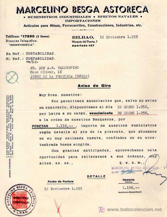 Commercial Letters: BILBAO. 1955. CARTA COMERCIAL DE SUMINISTROS INDUSTRIALES. MARCELINO BESGA ASTORECA.