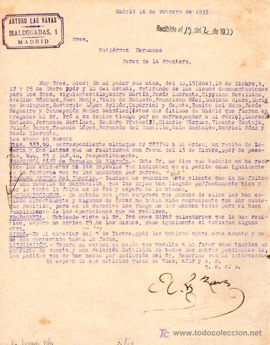 Commercial Letters: MADRID. 1933. CARTA COMERCIAL DE ARTURO LAS NAVAS.