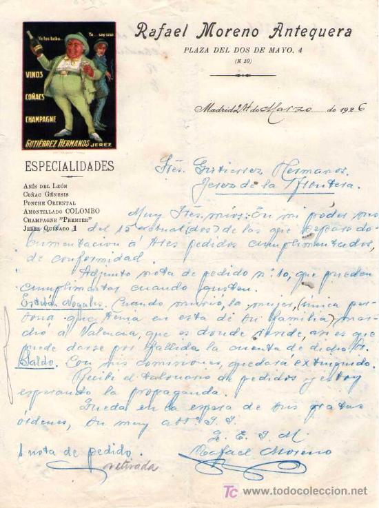 Commercial Letters: MADRID. 1926. CARTA COMERCIAL DE RAFAEL MORENO ANTEQUERA.