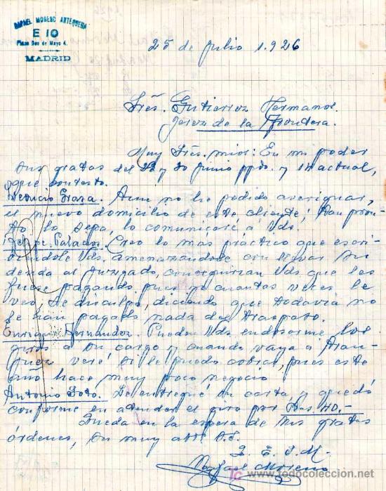 Commercial Letters: MADRID. 1926. CARTA COMERCIAL DE RAFAEL MORENO ANTEQUERA.