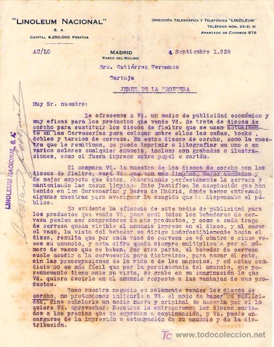 Commercial Letters: MADRID. 1926. CARTA COMERCIAL DE LINOLEUM NACIONAL.