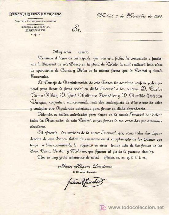Commercial Letters: MADRID. 1926. CARTA COMERCIAL DE BANCO HISPANO AMERICANO.