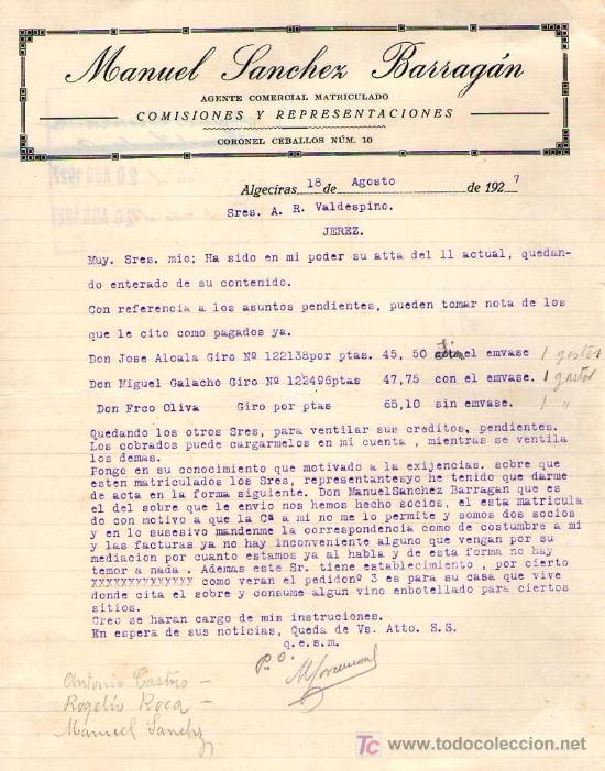 Commercial Letters: ALGECIRAS ( CADIZ). 1927. CARTA COMERCIAL DE AGENTE COMERCIAL. MANUEL SANCHEZ BARRAGAN.