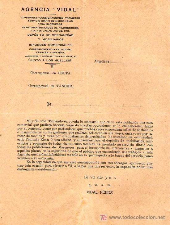 Commercial Letters: ALGECIRAS ( CADIZ). 1926. CARTA COMERCIAL DE AGENCIA VIDAL.