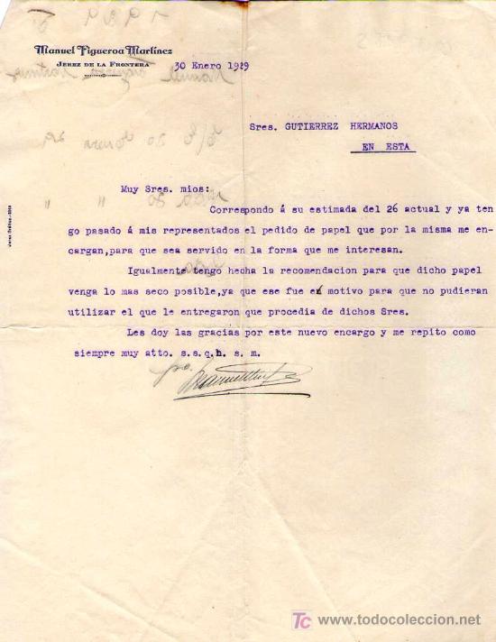 Cartas comerciales: JEREZ DE LA FRONTERA ( CADIZ). 1929. CARTA COMERCIAL DE MANUEL FIGUEROA MARTINEZ.