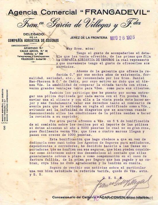 Cartas comerciales: JEREZ DE LA FRONTERA ( CADIZ). 1926. CARTA COMERCIAL DE AGENCIA COMERCIAL FRANGADEVIL.