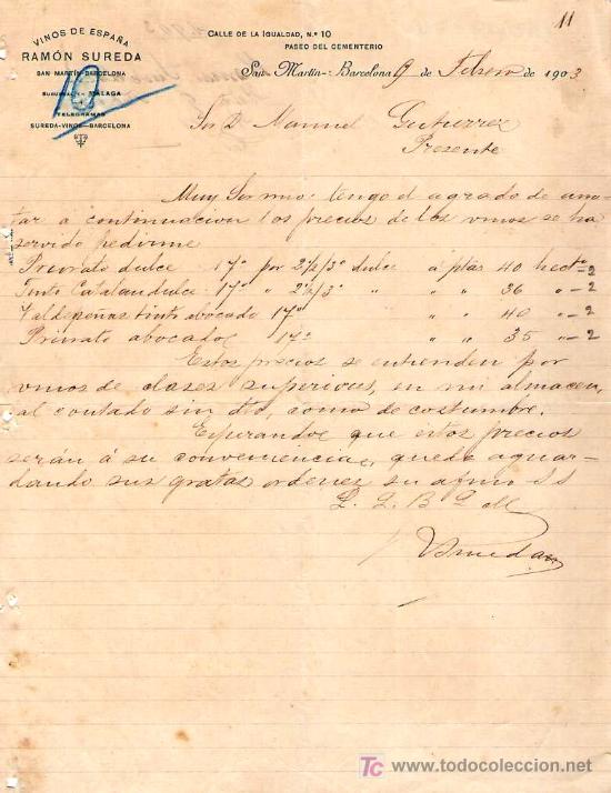 Cartas comerciales: SAN MARTIN ( BARCELONA). 1903. CARTA COMERCIAL DE VINOS DE ESPA&Ntilde;A. RAMON SUREDA.
