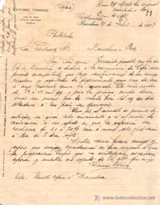 Cartas comerciales: BARCELONA. 1903. CARTA COMERCIAL DE GUTIERREZ HERMANOS.