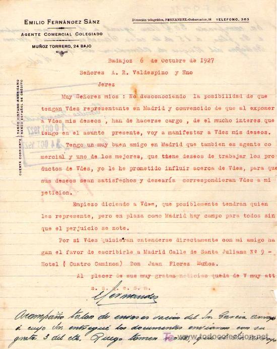 Gesch&auml;ftsbriefe: BADAJOZ. 1927. CARTA COMERCIAL DE AGENTE COMERCIAL. EMILIO FERNANDEZ SANZ.