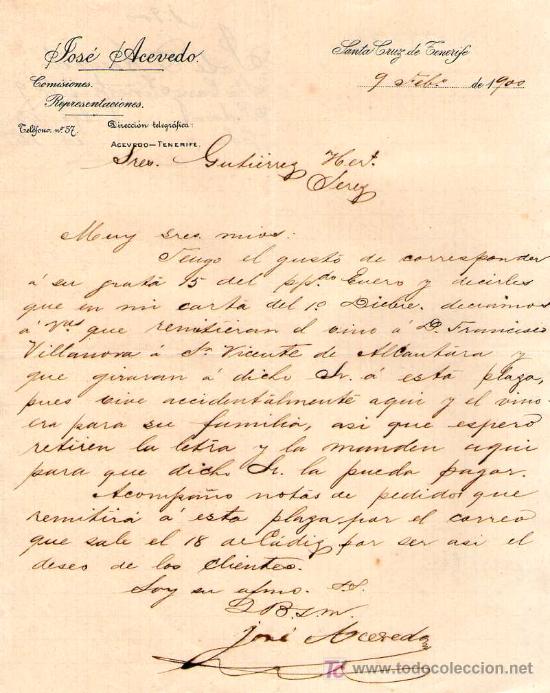 Cartas comerciales: SANTA CRUZ DE TENERIFE. 1900. CARTA COMERCIAL DE COMISIONES Y REPRESENTACIONES. JOSE ACEVEDO.