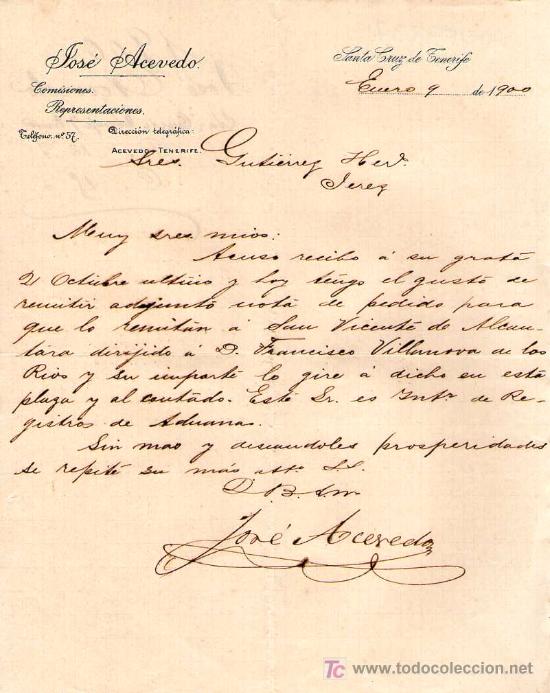 Cartas comerciales: SANTA CRUZ DE TENERIFE. 1900. CARTA COMERCIAL DE COMISIONES Y REPRESENTACIONES. JOSE ACEVEDO.