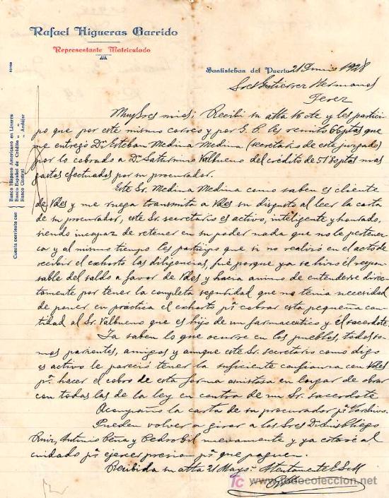 Cartas comerciales: SANTISTEBAN DEL PUERTO ( JAEN). 1928. CARTA COMERCIAL DE REPRESENTANTE. RAFAEL HIGUERAS GARRIDO.