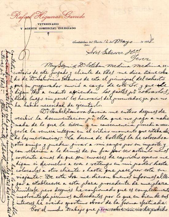 Cartas comerciales: SANTISTEBAN DEL PUERTO ( JAEN). 1928. CARTA COMERCIAL DE VETERINARIO. RAFAEL HIGUERAS GARRIDO.