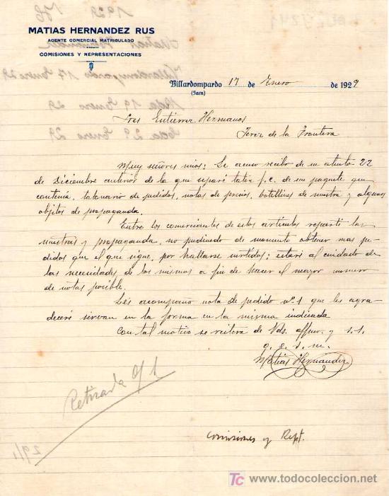 Cartas comerciales: VILLADOMPARDO ( JAEN). 1929. CARTA COMERCIAL DE AGENTE COMERCIAL. MATIAS HERNANDEZ RUZ.