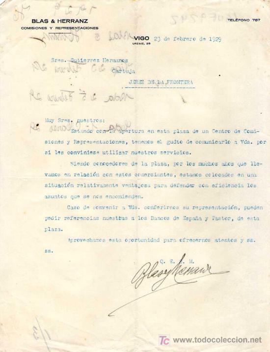 Cartas comerciales: VIGO. 1929. CARTA COMERCIAL DE COMISIONES Y REPRESENTACIONES. BLAS & HERRANZ.