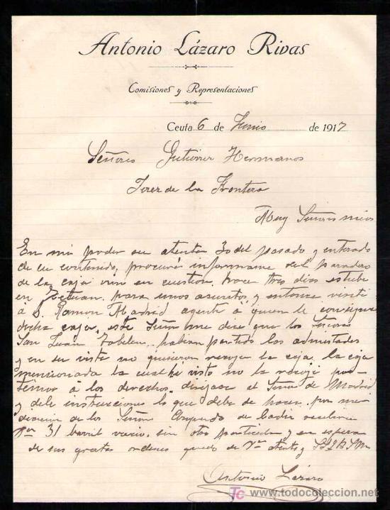 Cartas comerciales: CEUTA. 1917. CARTA COMERCIAL DE COMISIONES Y REPRESENTACIONES. ANTONIO LAZARO RIVAS.