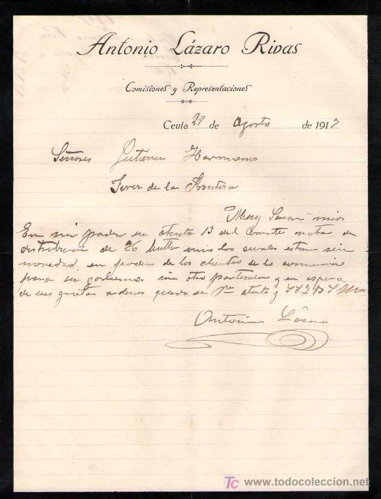 Cartas comerciales: CEUTA. 1917. CARTA COMERCIAL DE COMISIONES Y REPRESENTACIONES. ANTONIO LAZARO RIVAS.
