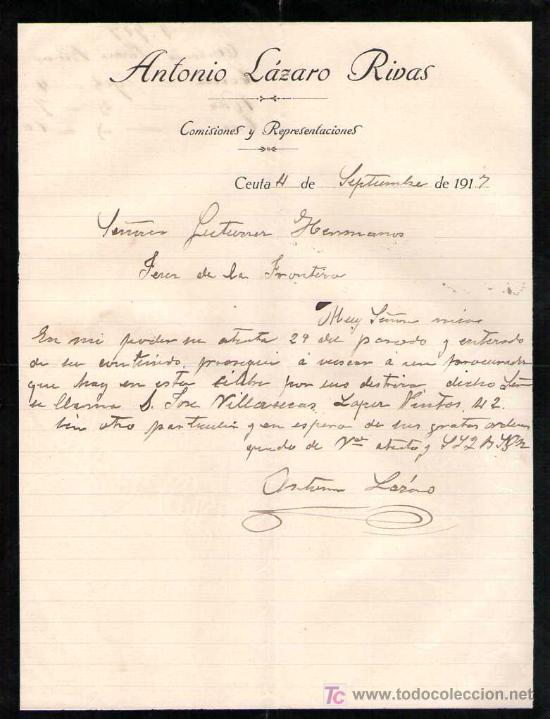 Cartas comerciales: CEUTA. 1917. CARTA COMERCIAL DE COMISIONES Y REPRESENTACIONES. ANTONIO LAZARO RIVAS.