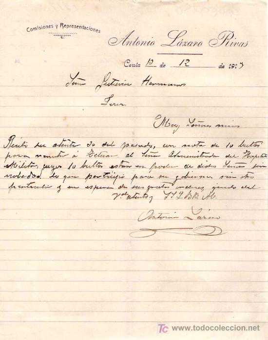 Cartas comerciales: CEUTA. 1917. CARTA COMERCIAL DE COMISIONES Y REPRESENTACIONES. ANTONIO LAZARO RIVAS.