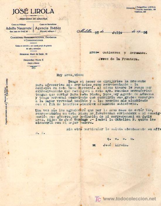 Cartas comerciales: MELILLA. 1926. CARTA COMERCIAL DE DESPACHO DE ADUANAS. JOSE LIROLA.