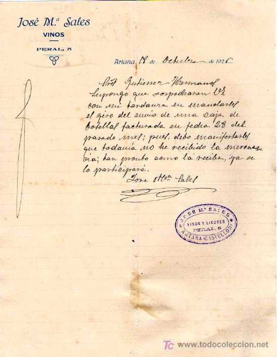 Cartas comerciales: ARTANA ( CASTELLON). 1926. CARTA COMERCIAL DE VINOS. JOSE M&ordf; SALES.