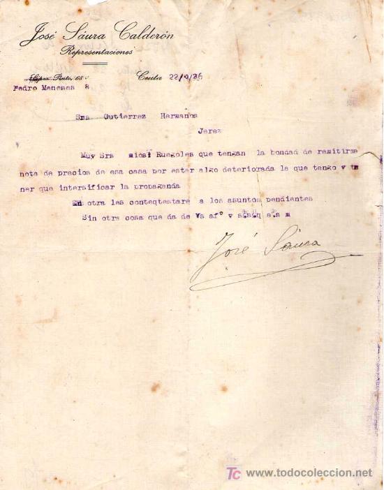 Cartas comerciales: CEUTA. 1926. CARTA COMERCIAL DE REPRESENTACIONES. JOSE SAURA CALDERON.