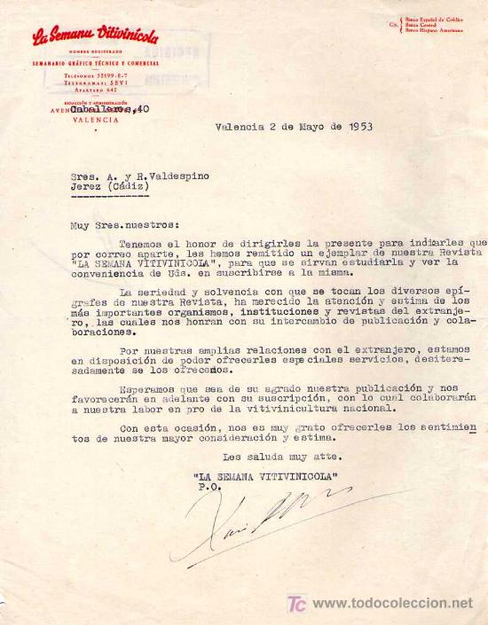 Cartas comerciales: VALENCIA. 1953. CARTA COMERCIAL DE LA SEMANA VITIVNICOLA.