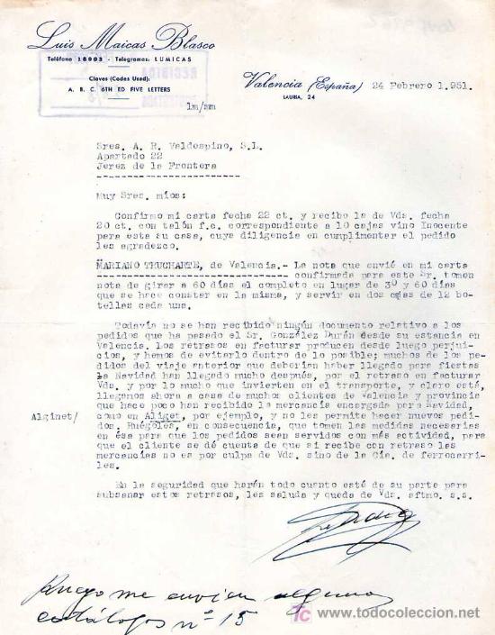 Cartas comerciales: VALENCIA. 1951. CARTA COMERCIAL DE LUIS MAICAS BLASCO.