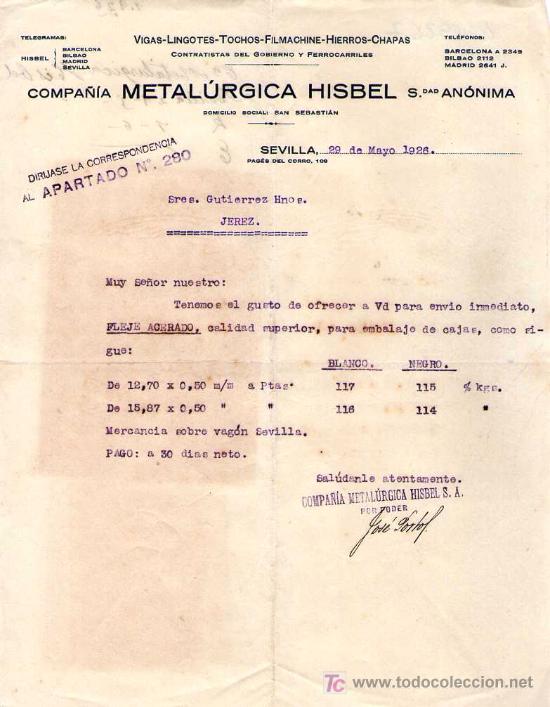 Cartas comerciales: SEVILLA. 1926. CARTA COMERCIAL DE COMPA&Ntilde;IA METALURGICA HISBEL S. A.
