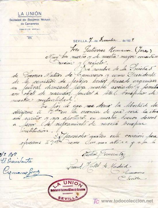 Cartas comerciales: SEVILLA. 1929. CARTA COMERCIAL DE LA UNION. SOCIEDAD DE SOCORROS MUTUAS.