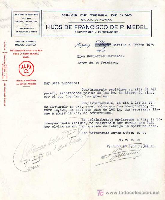 Cartas comerciales: SEVILLA. 1929. CARTA COMERCIAL DE MINAS DE TIERRA DE VINO. HIJOS DE FRANCISCO DE P. MEDEL.