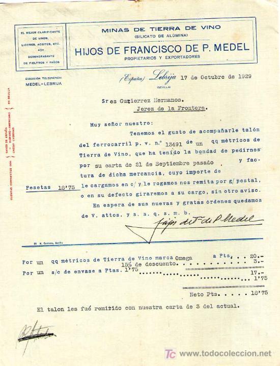 Cartas comerciales: SEVILLA. 1929. CARTA COMERCIAL DE MINAS DE TIERRA DE VINO. HIJOS DE FRANCISCO DE P. MEDEL.