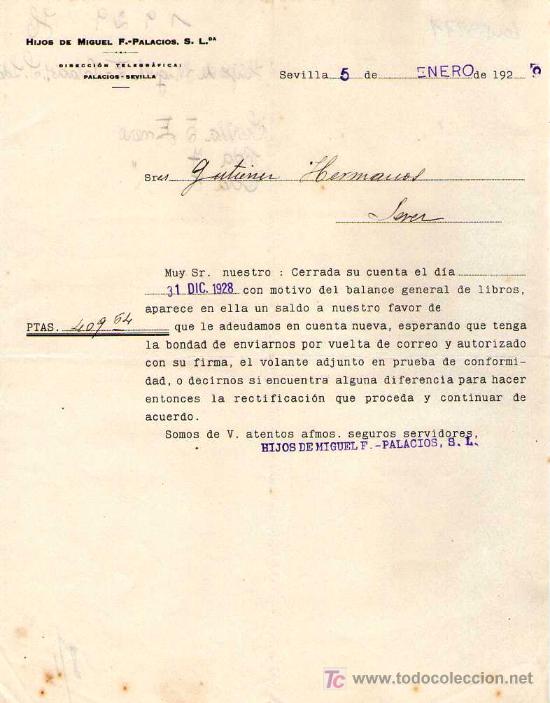 Cartas comerciales: SEVILLA. 1929. CARTA COMERCIAL DE HIJOS DE MIGUEL F.- PALACIOS. S. L.