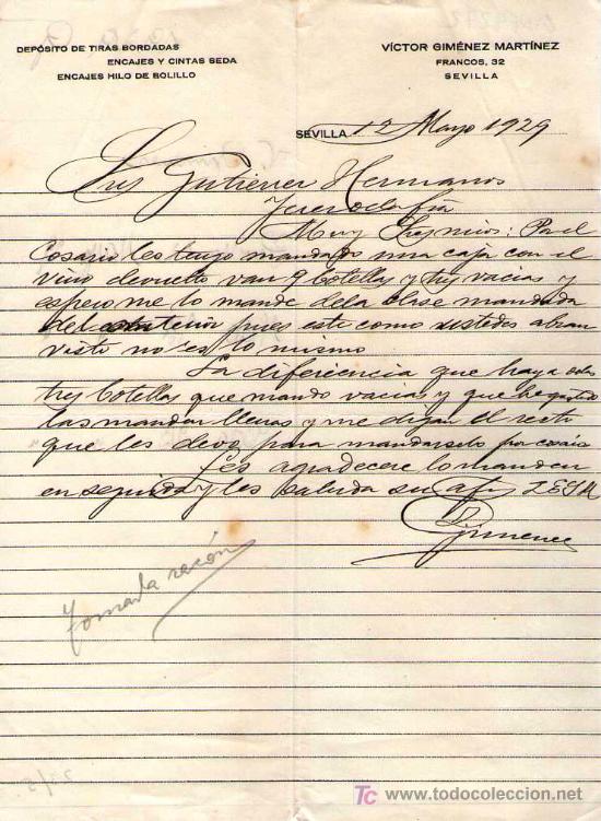 Cartas comerciales: SEVILLA. 1929. CARTA COMERCIAL DE DEPOSITOS DE TIRAS BORDADAS. VICTOR GIMENEZ MARTINEZ.