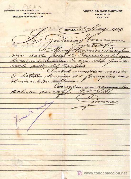 Cartas comerciales: SEVILLA. 1929. CARTA COMERCIAL DE DEPOSITOS DE TIRAS BORDADAS. VICTOR GIMENEZ MARTINEZ.