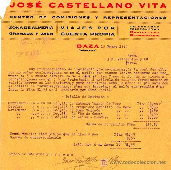 Lettere commerciali: BAZA(GRANADA) 18 DE ENERO DE 1927. CARTA COMERCIAL JOS&Eacute; CASTELLANO VITA