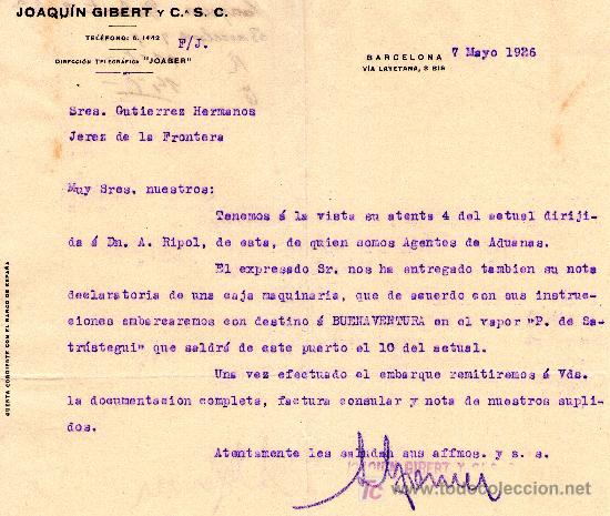 Lettere commerciali: BARCELONA 7 DE MAYO 1926.CARTA COMERCIAL JOAQU&Iacute;N GIBERT Y C.S.C