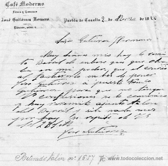 Cartas comerciales: PUEBLA DE GAZALLA 2 DE MARZO 1926.CARTA COMERCIAL CAF&Eacute; MODERNO