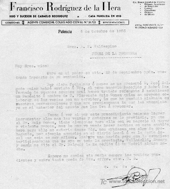 Cartas comerciales: PALENCIA 6 DE OCTUBRE DE 1955. CARTA COMERCIAL FRANCISCO RODR&Iacute;GUEZ DE LA HERA