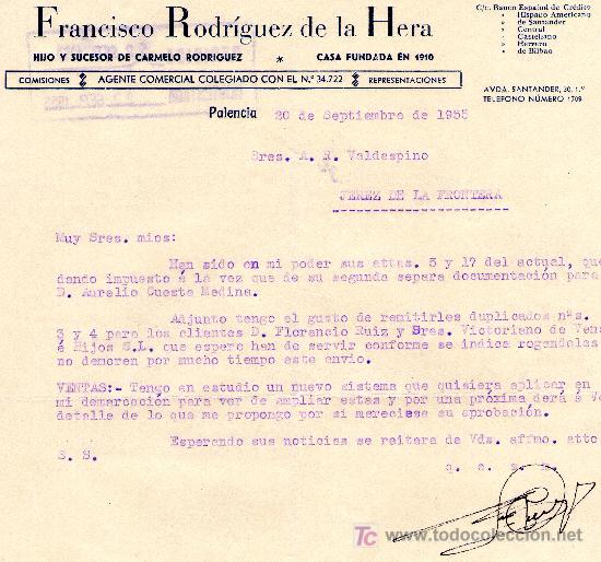 Cartas comerciales: PALENCIA 20 DE SEPTIEMBRE DE 1955. CARTA COMERCIAL FRANCISCO RODR&Iacute;GUEZ DE LA HERA