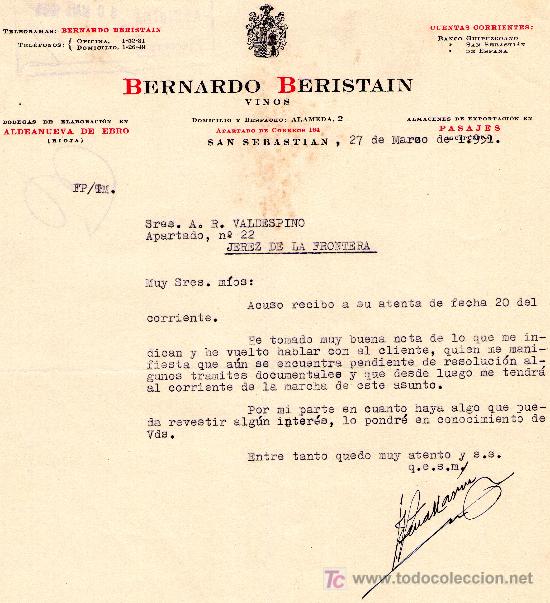 Cartas comerciales: SAN SEBASTIAN,27 DE MARZO DE 1951. CARTA COMERCIAL BERNARDO BERISTAIN