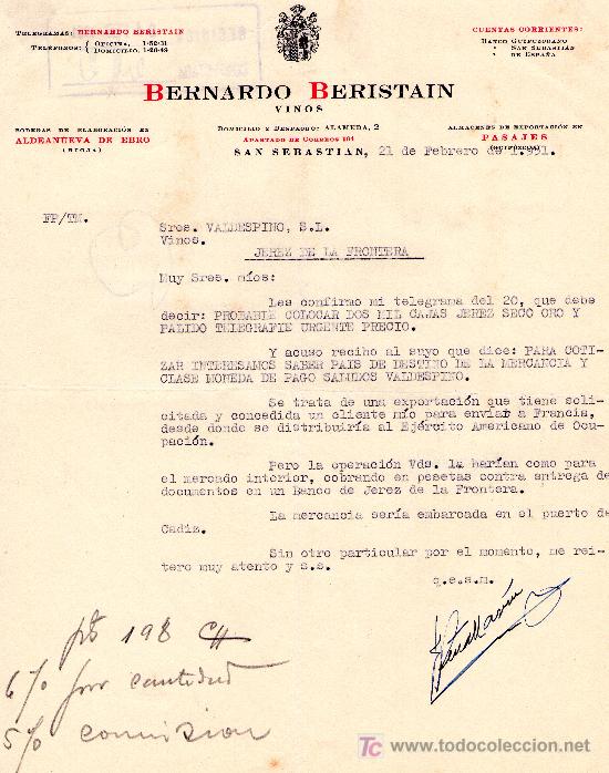 Cartas comerciales: SAN SEBASTIAN,21 DE FEBRERO DE 1951. CARTA COMERCIAL BERNARDO BERISTAIN