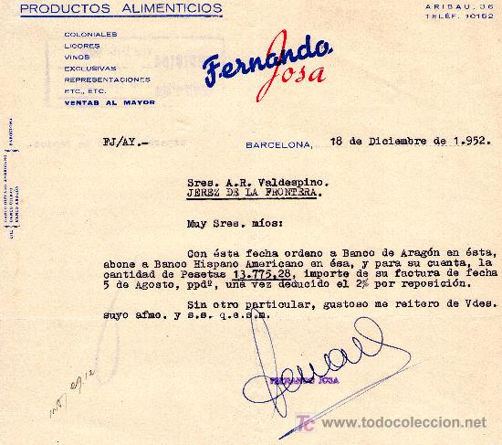 Cartas comerciales: BARCELONA, 18 DE DICIEMBRE DE 1952.CARTA COMERCIAL FERNANADO GOSA