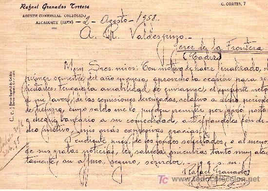 Cartas comerciales: ALCAUDETE 2 DE AGOSTO DE 1958.CARTA COMERCIAL RAFAEL GRANADOS TORTOSA