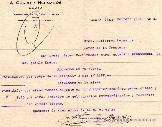 Cartas comerciales: CEUTA 14 DE FEBRERO DE 1926.CARTA COMERCIAL A. CORIAT Y HERMANOS