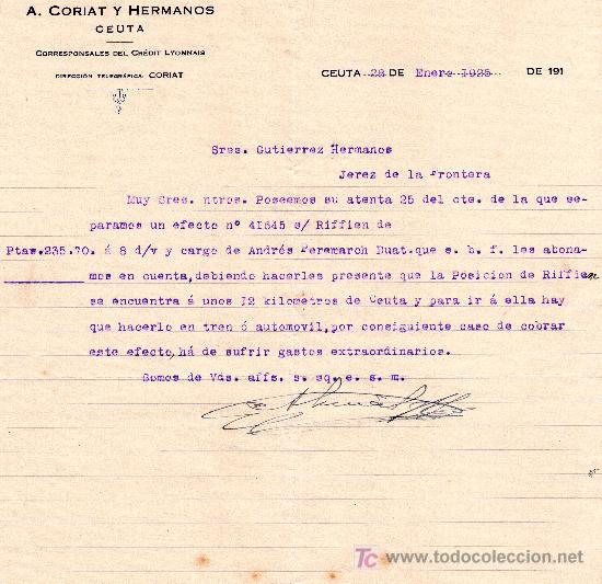 Cartas comerciales: CEUTA 28 DE ENERO DE 1925.CARTA COMERCIAL A. CORIAT Y HERMANOS