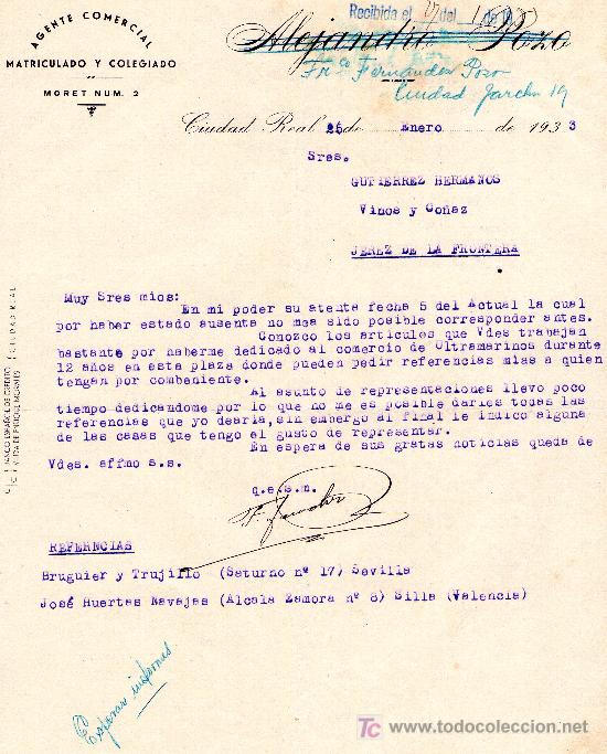 Cartas comerciales: CIUDAD REAL 25 DE ENERO DE 1933.CARTA COMERCIAL AGENTE COMERCIAL