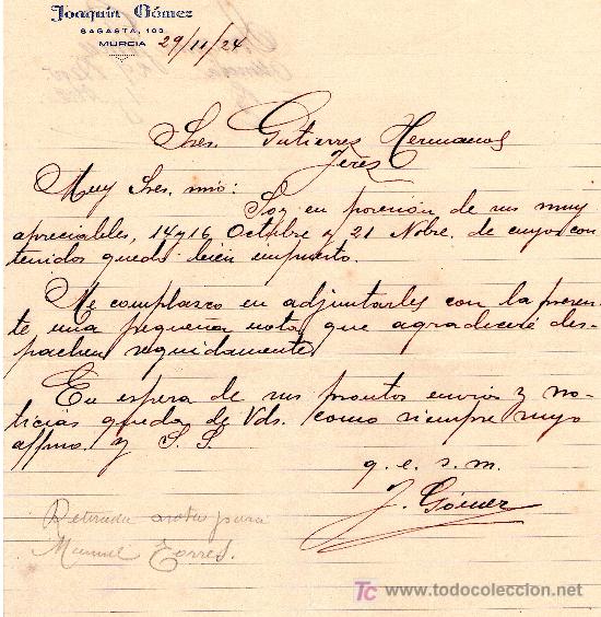 Cartas comerciales: MURCIA 29 NOVIEMBRE DE 1924.CARTA COMERCIAL JOAQU&Iacute;N G&Oacute;MEZ